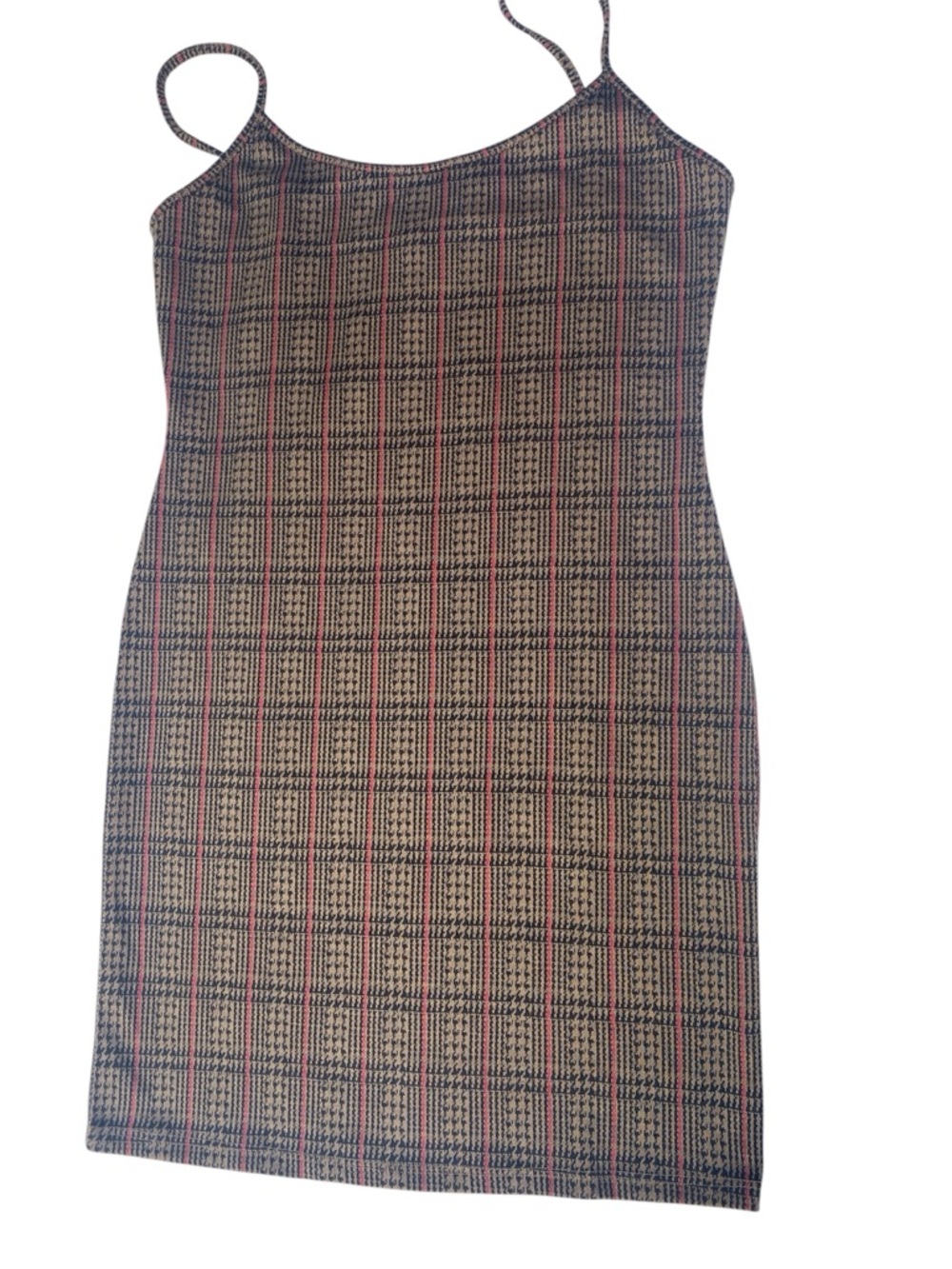 Plaid Spaghetti-Strap Mini Dress in Beige and Black